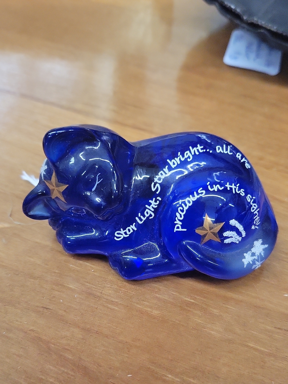 Fenton Blue Glass Sleeping Cat Figurine with Gold Stars